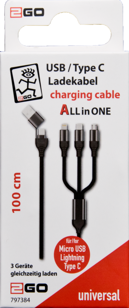 All in One USB Ladekabel - USB A / USB Type-C <-> Micro-USB / Apple 8-Pin (Lightning) / USB Type-C - 100 cm - schwarz