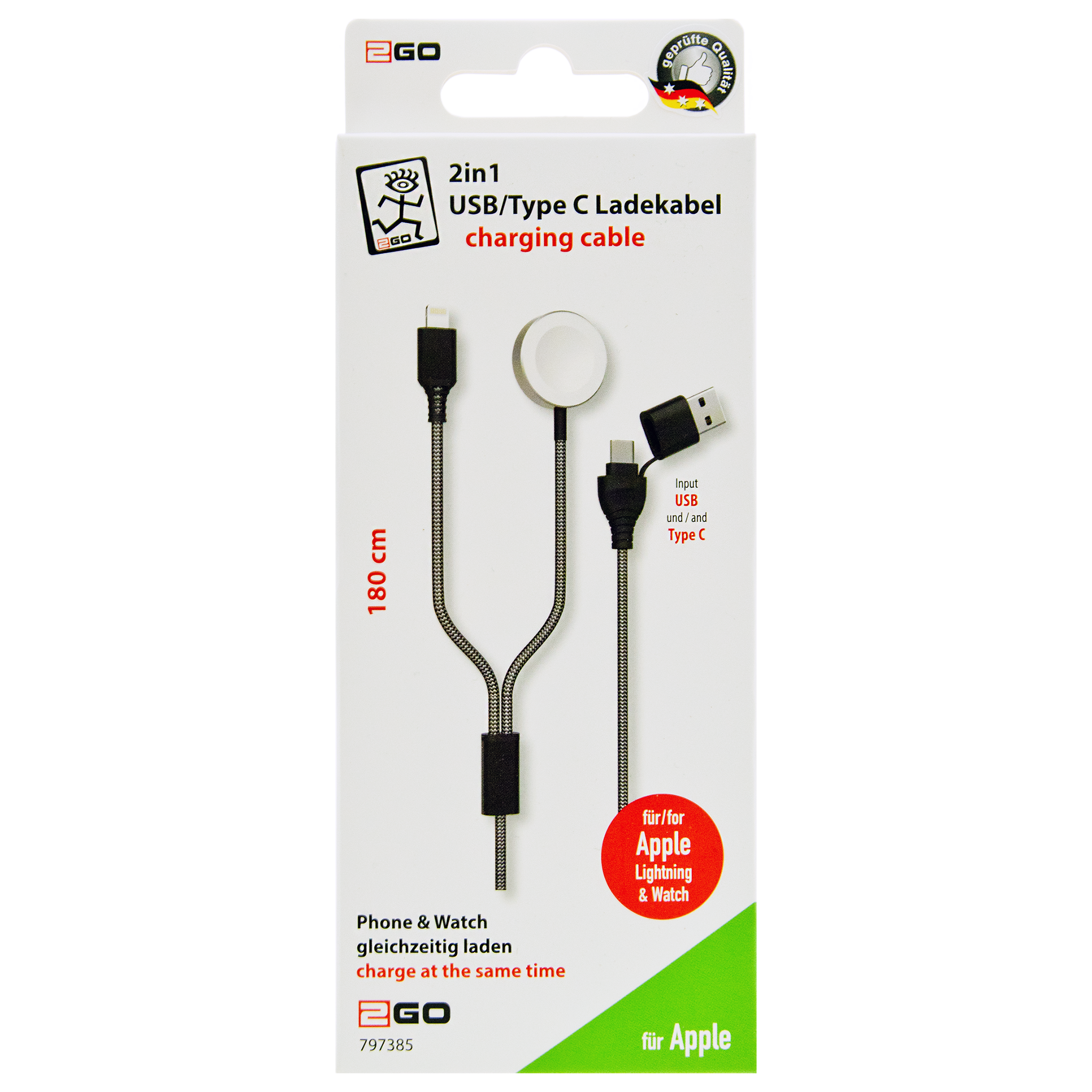 2 in 1 USB Ladekabel mit Lightning-Stecker und Ladeplatte für Watch - Verpackung