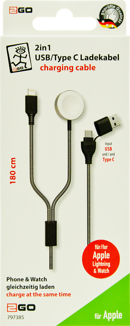 2 in 1 USB A / USB Type-C Ladekabel - 180 cm - grau