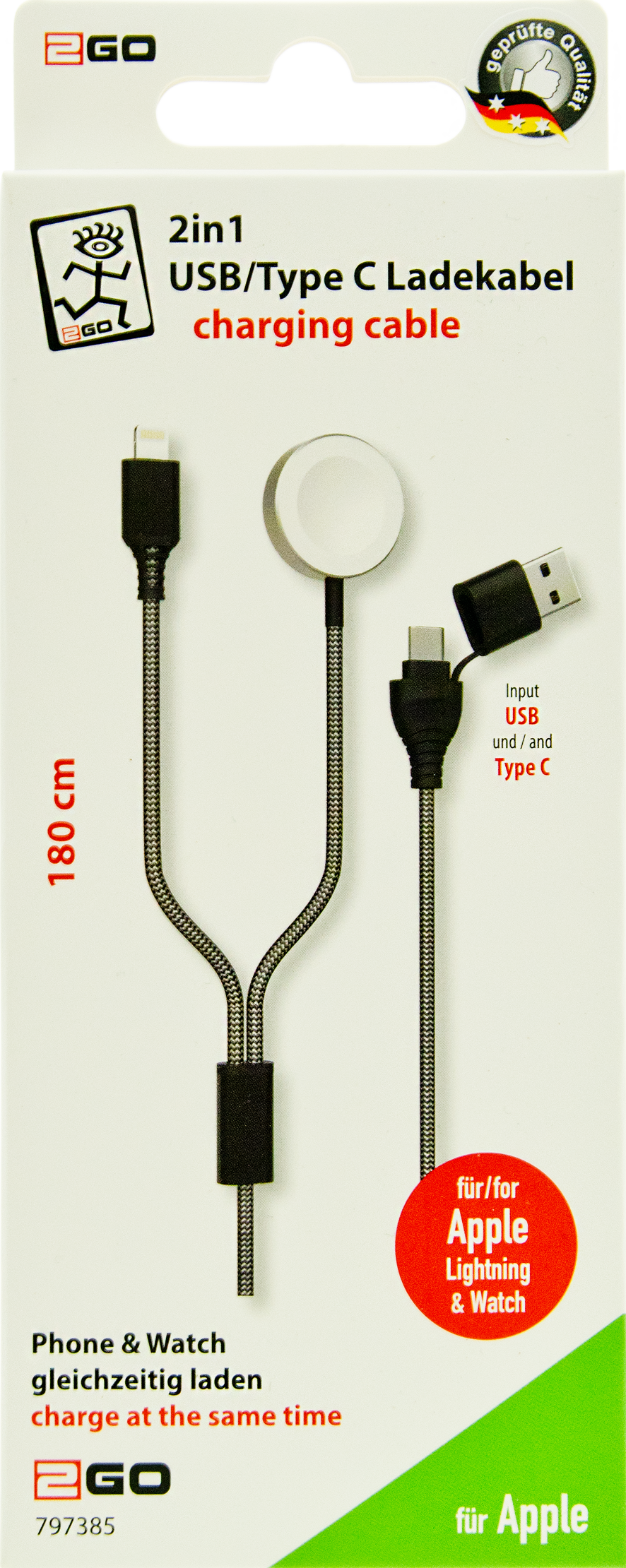 2 in 1 USB A / USB Type-C Ladekabel - 180 cm - grau