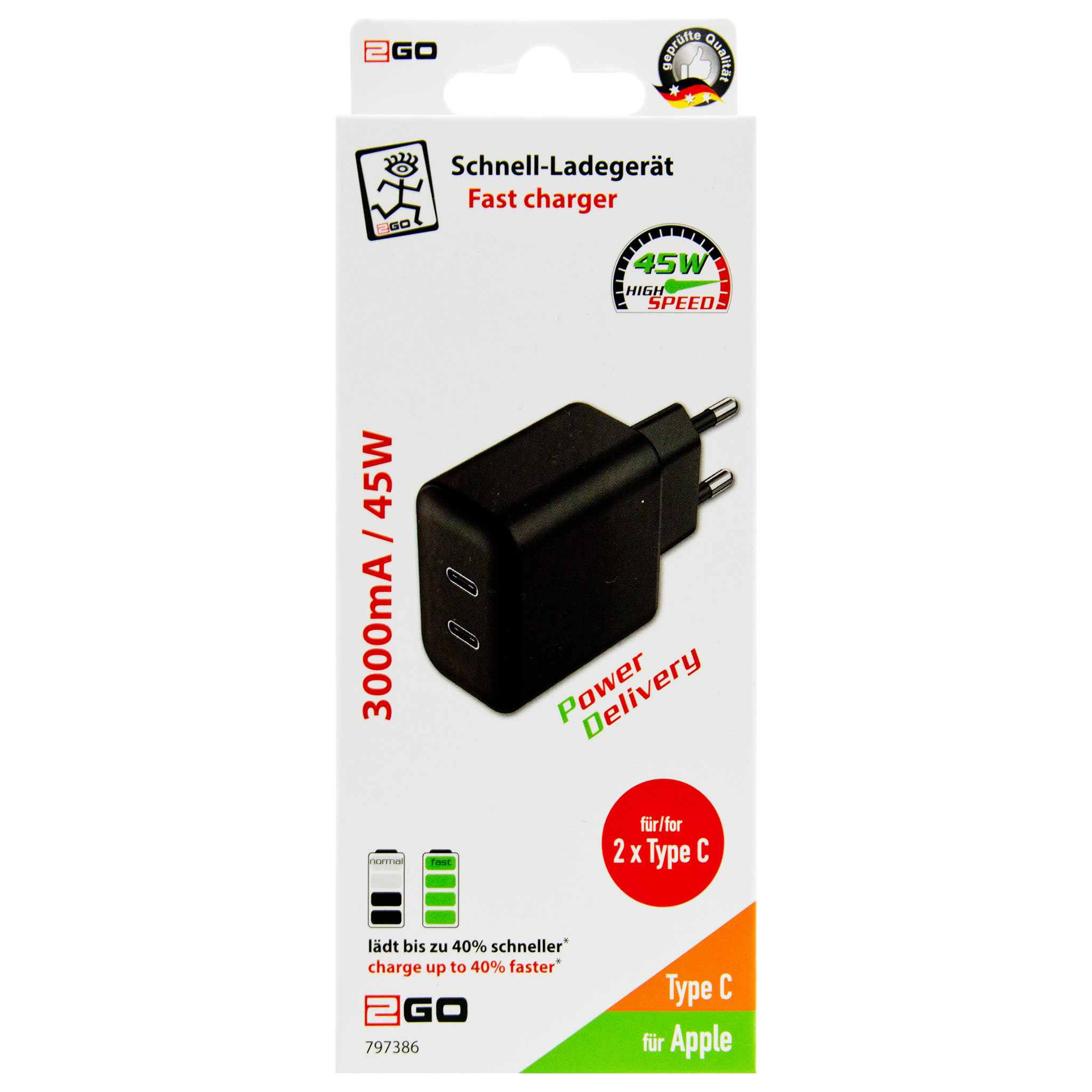 Netz-Ladegerät 100 V - 240 V - Power Delivery & PPS - 2 x USB Type-C - 45 W - 3000 mA - schwarz