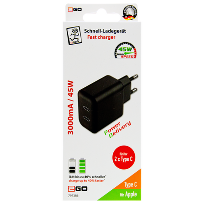 Netz-Ladegerät 100 V - 240 V - Power Delivery & PPS - 2 x USB Type-C - 45 W - 3000 mA - schwarz