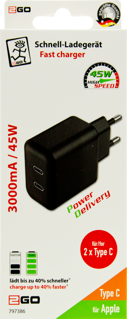USB Netzladegerät 100 V - 240 V - 2 x USB Type-C - 3000 mA - 45 W - schwarz - Verpackung