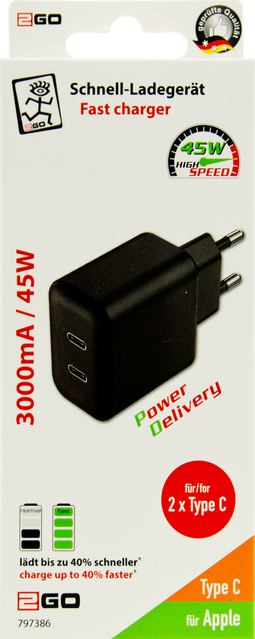 USB Netzladegerät 100 V - 240 V - 2 x USB Type-C - 3000 mA - 45 W - schwarz - Verpackung