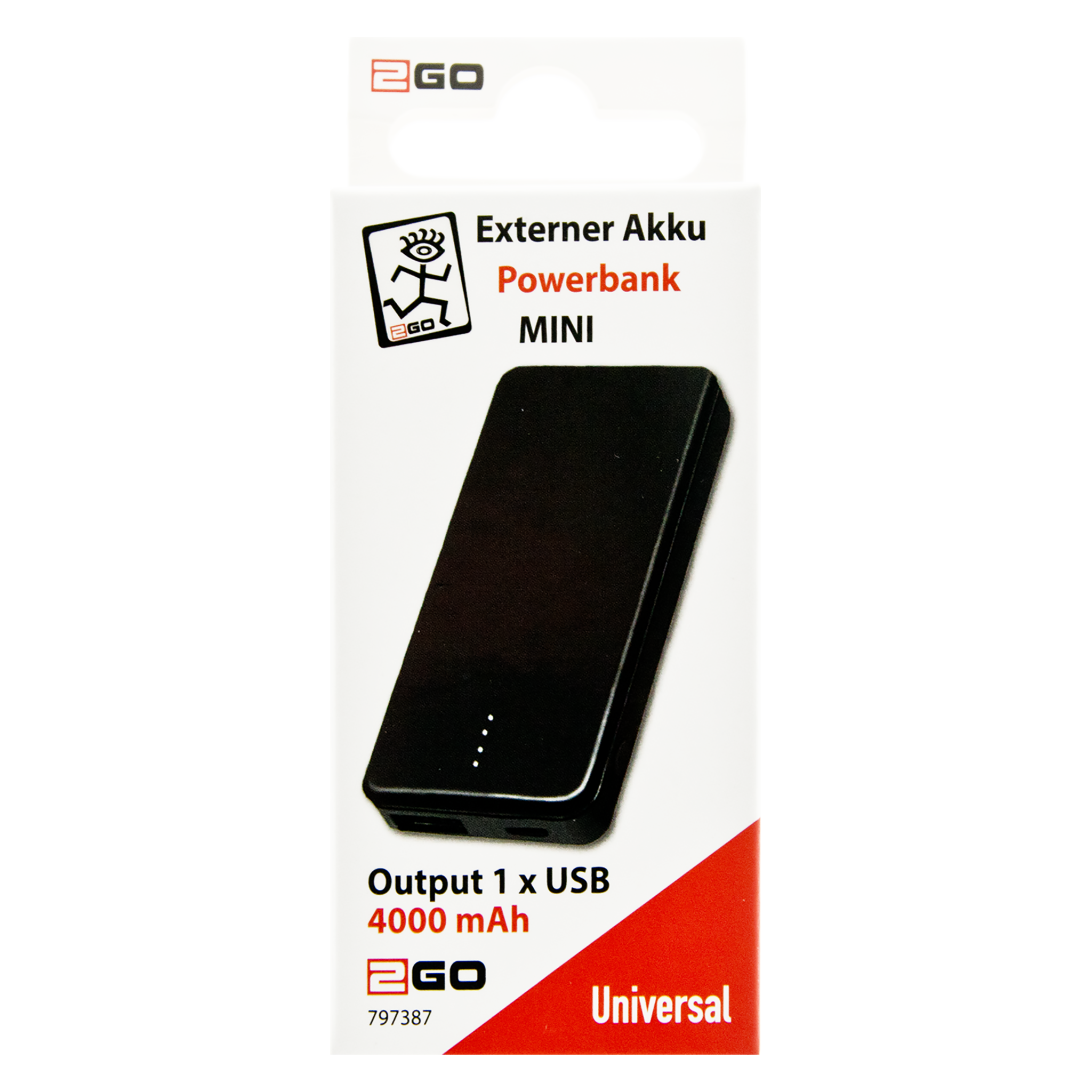 Powerbank Mini - 4000 mAh - 1 x USB A - 4 Status-LED - schwarz - Verpackung