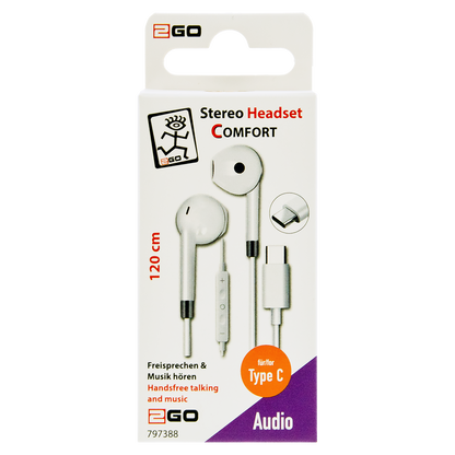 In-Ear-Headset "Comfort" - Aluminium-Gehäuse - Rufannahme - Lautstärkeregelung - USB Type-C - weiß/silber - Verpackung