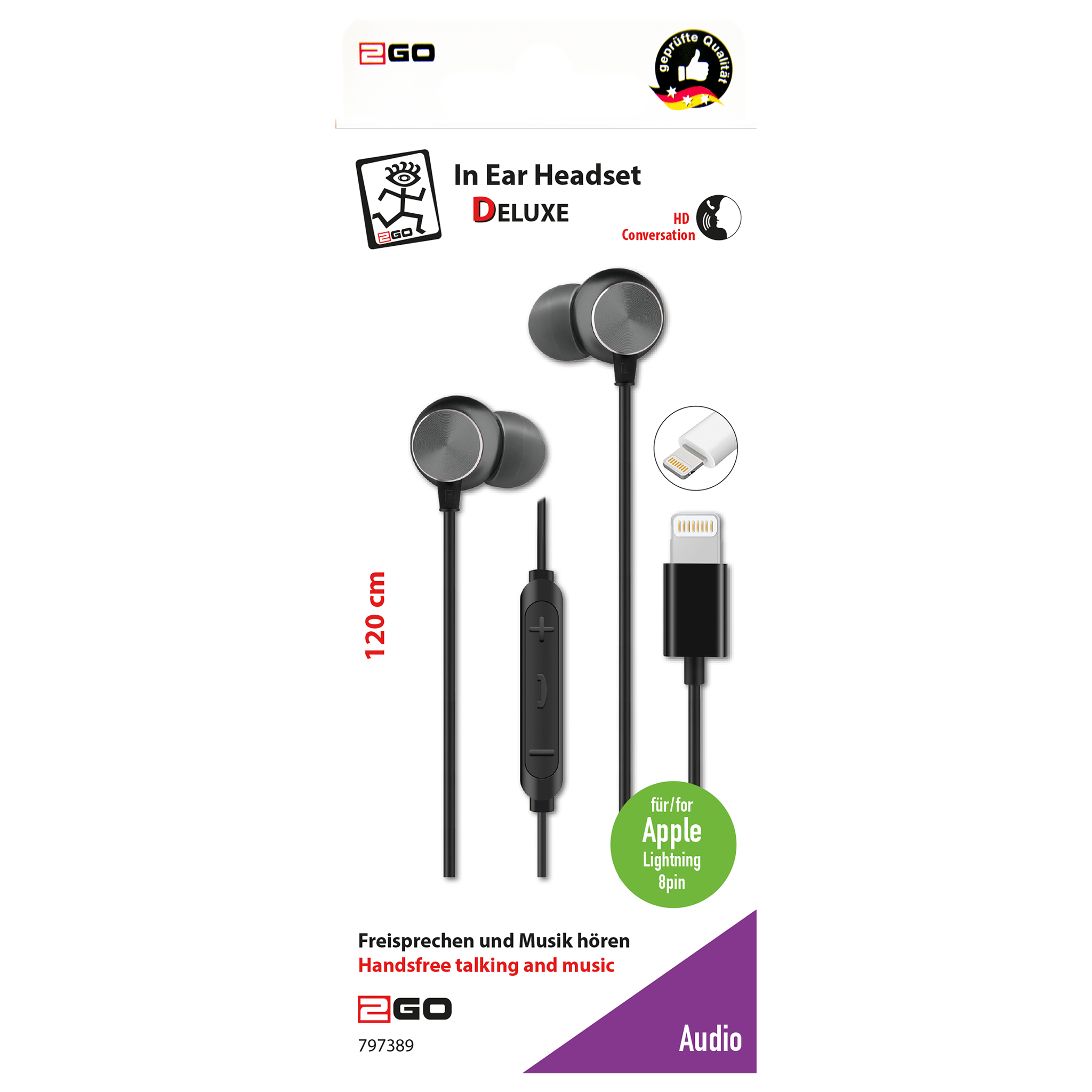 In-Ear-Headset "Deluxe" - Rufannahme - Lautstärkeregelung - 120 cm Kabellänge - 8-Pin (Lightning) - anthrazit - Verpackung