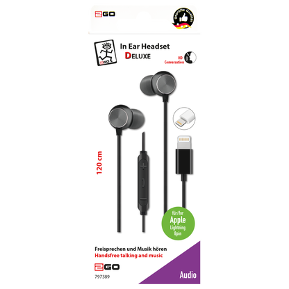 In-Ear-Headset "Deluxe" - Rufannahme - Lautstärkeregelung - 120 cm Kabellänge - 8-Pin (Lightning) - anthrazit - Verpackung