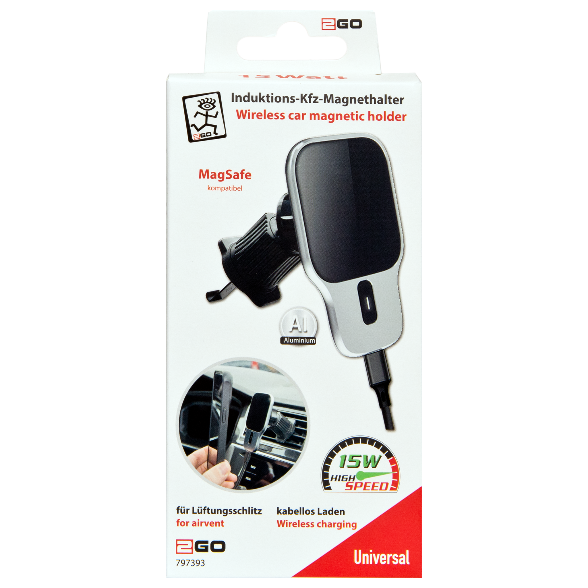 Halter "Airclip Charge" - MagSafe kompatibel - 15 W Wireless Charging - silber - Verpackung