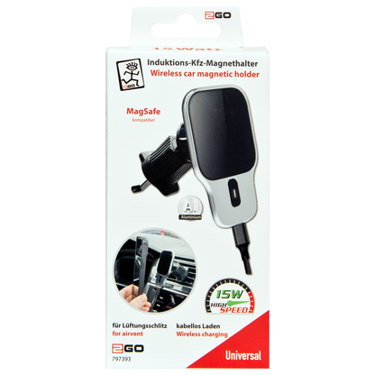 Halter "Airclip Charge" - MagSafe kompatibel - 15 W Wireless Charging - silber - Verpackung