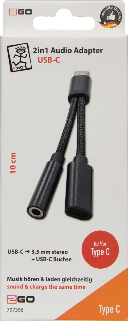 2 in 1 Audio-Adapter - USB Type-C Stecker auf USB Type-C Buchse und Klinkenbuchse - 10 cm - Verpackung