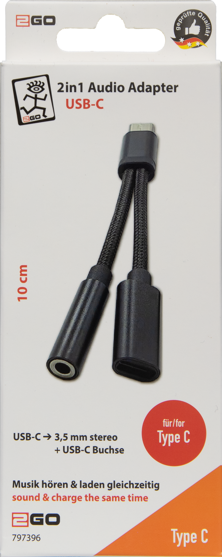 2 in 1 Audio-Adapter - USB Type-C Stecker auf USB Type-C Buchse und Klinkenbuchse - 10 cm - Verpackung