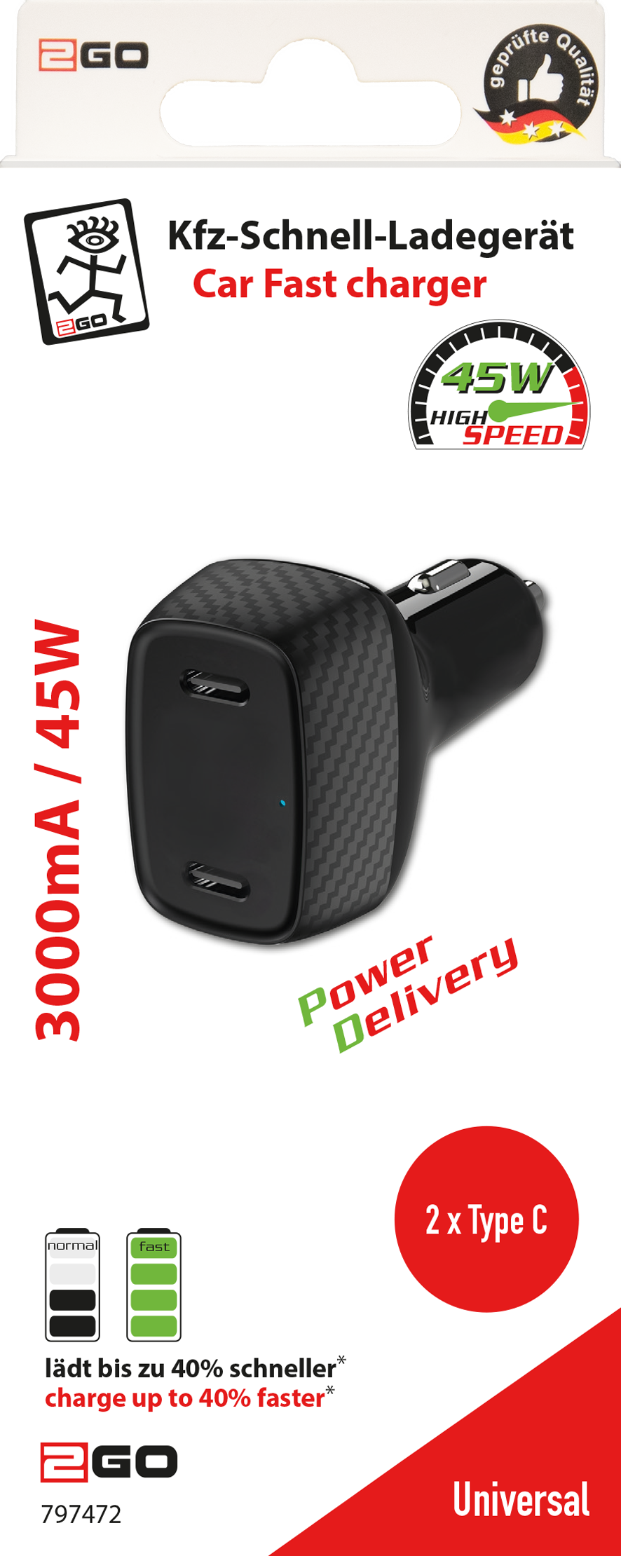 Kfz-Ladegerät / Power Delivery / 2 x USB Type-C / 45 W / 3000 mA / schwarz