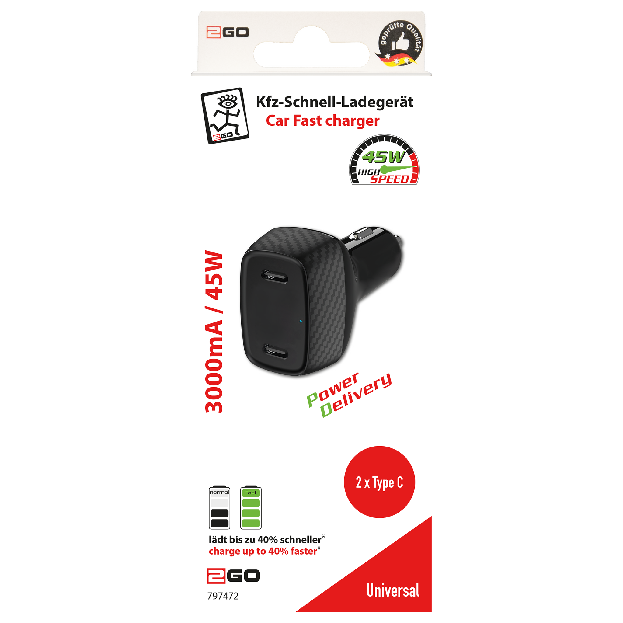 USB  Kfz-Ladegerät - 12 V / 24 V - 2 x USB Type-C - 3000 mA - 65 W - schwarz - Verpackung