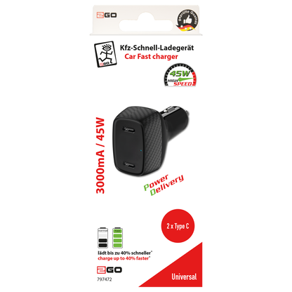USB  Kfz-Ladegerät - 12 V / 24 V - 2 x USB Type-C - 3000 mA - 65 W - schwarz - Verpackung