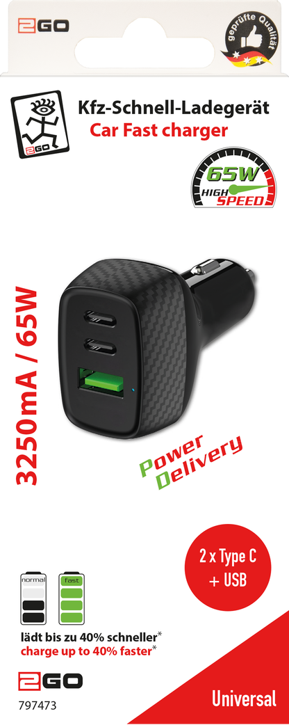 Kfz-Ladegerät / Power Delivery / 1 x USB A & 2 x USB Type-C / 65 W / 3250 mA / schwarz