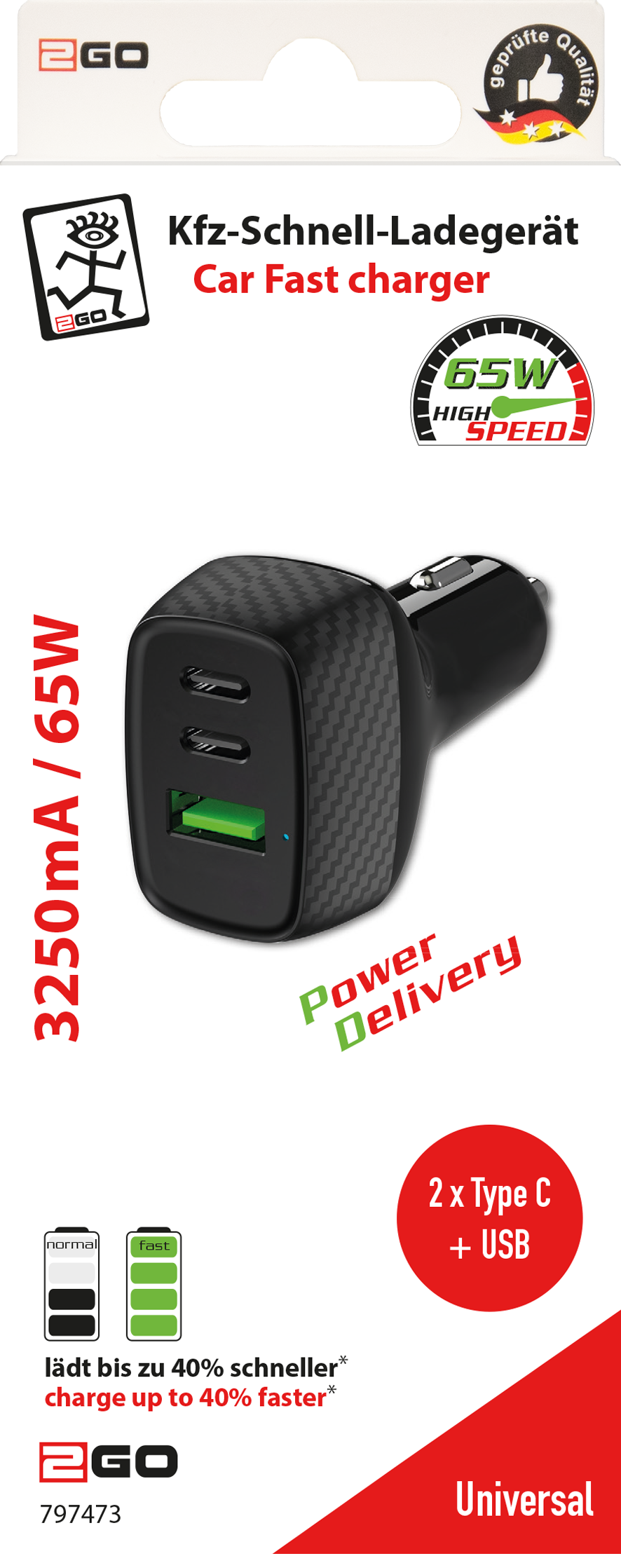 Kfz-Ladegerät / Power Delivery / 1 x USB A & 2 x USB Type-C / 65 W / 3250 mA / schwarz