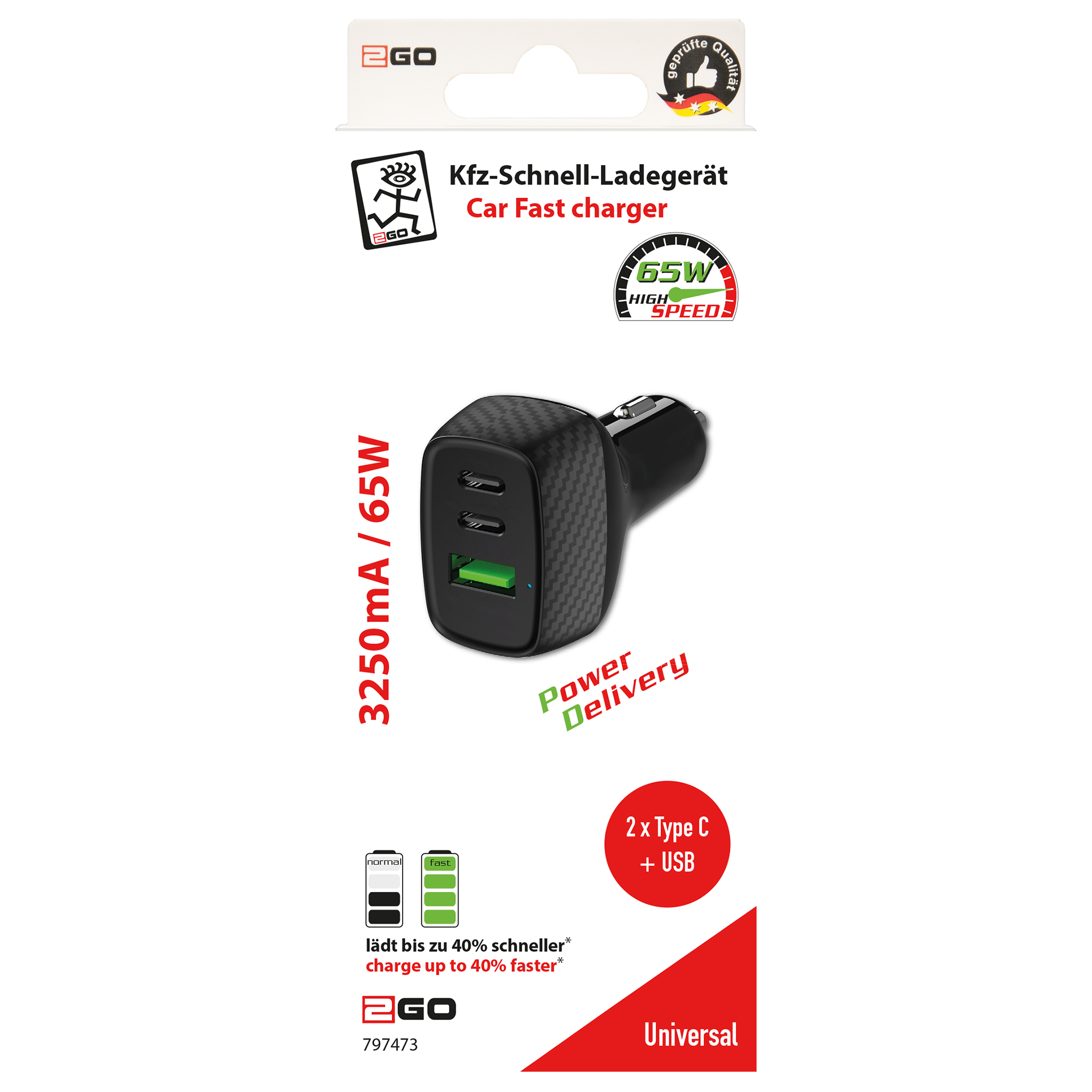 USB Kfz Ladegerät - 12 V / 24 V - 1 x USB A - 2 x USB Type-C - 3250 mA - 65 W - schwarz - Verpackung