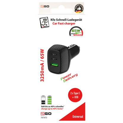 USB Kfz Ladegerät - 12 V / 24 V - 1 x USB A - 2 x USB Type-C - 3250 mA - 65 W - schwarz - Verpackung