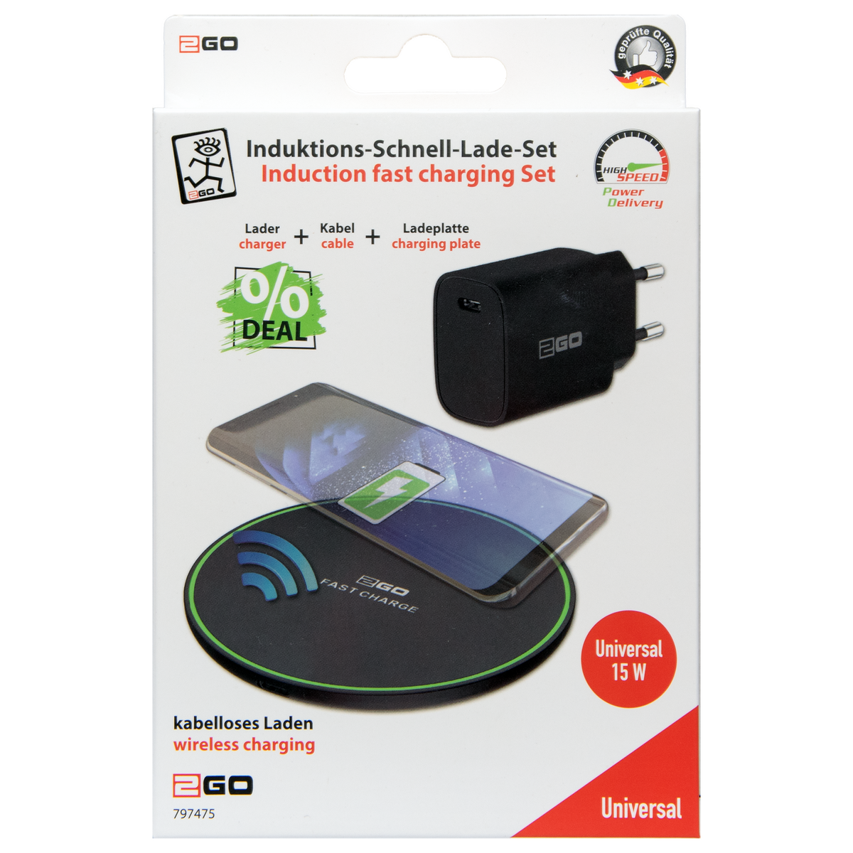 Induktions-Schnell-Ladeset - Ladeplatte - 15 W - schwarz
