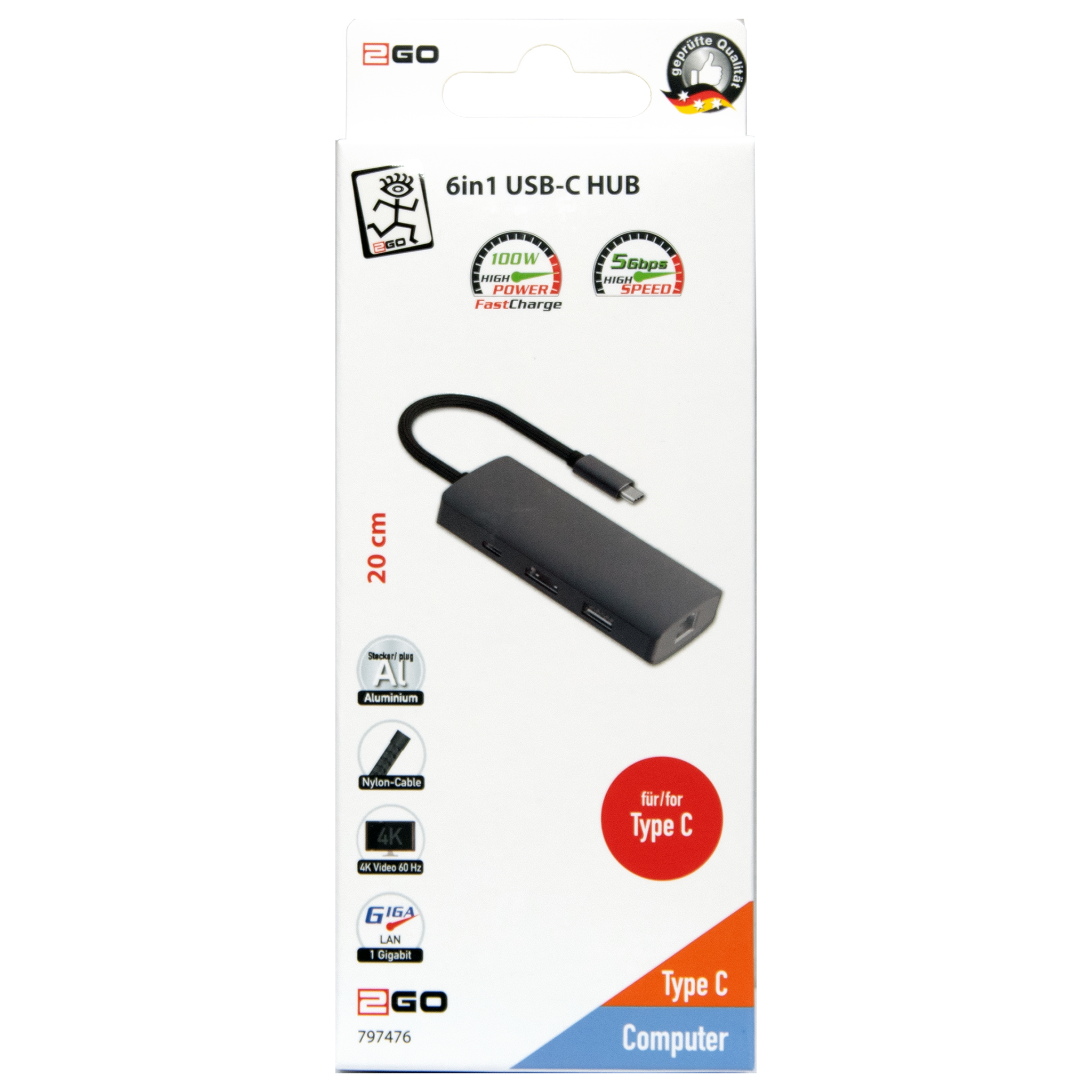 6-in-1 USB Type-C Hub - Aluminium-Gehäuse - 4K Video bei 60 Hz - Laden bis zu 100 W - Datenübertragung bis zu 5 GBps - silber - Verpackung