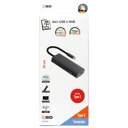 6-in-1 USB Type-C Hub - Aluminium-Gehäuse - 4K Video bei 60 Hz - Laden bis zu 100 W - Datenübertragung bis zu 5 GBps - silber - Verpackung