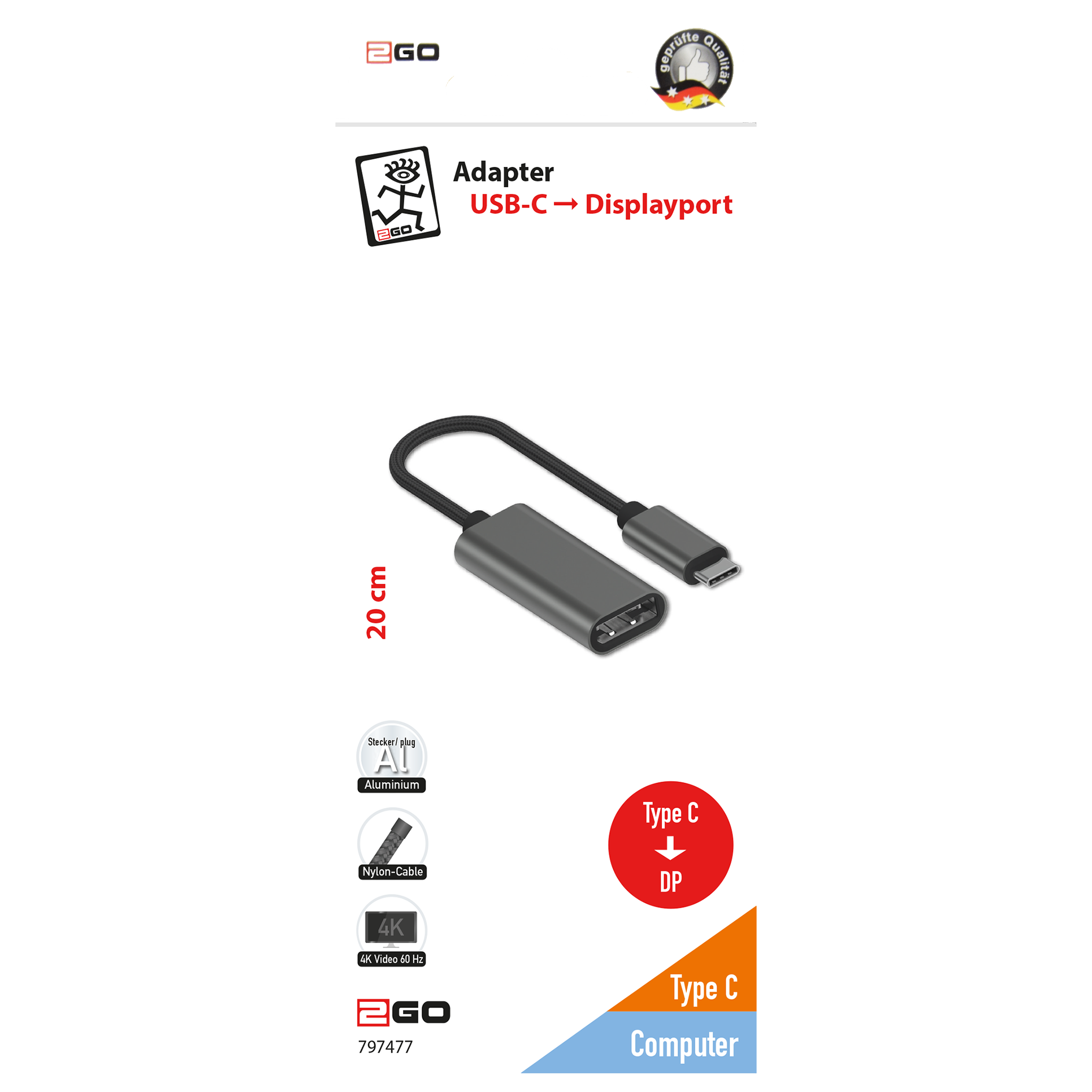 Adapter USB Type-C auf Displayport - Aluminium-Gehäuse - 4K Video bei 60 Hz - silber / schwarz