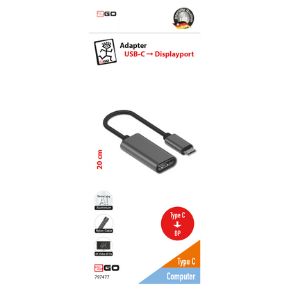 Adapter USB Type-C auf Displayport - Aluminium-Gehäuse - 4K Video bei 60 Hz - silber / schwarz