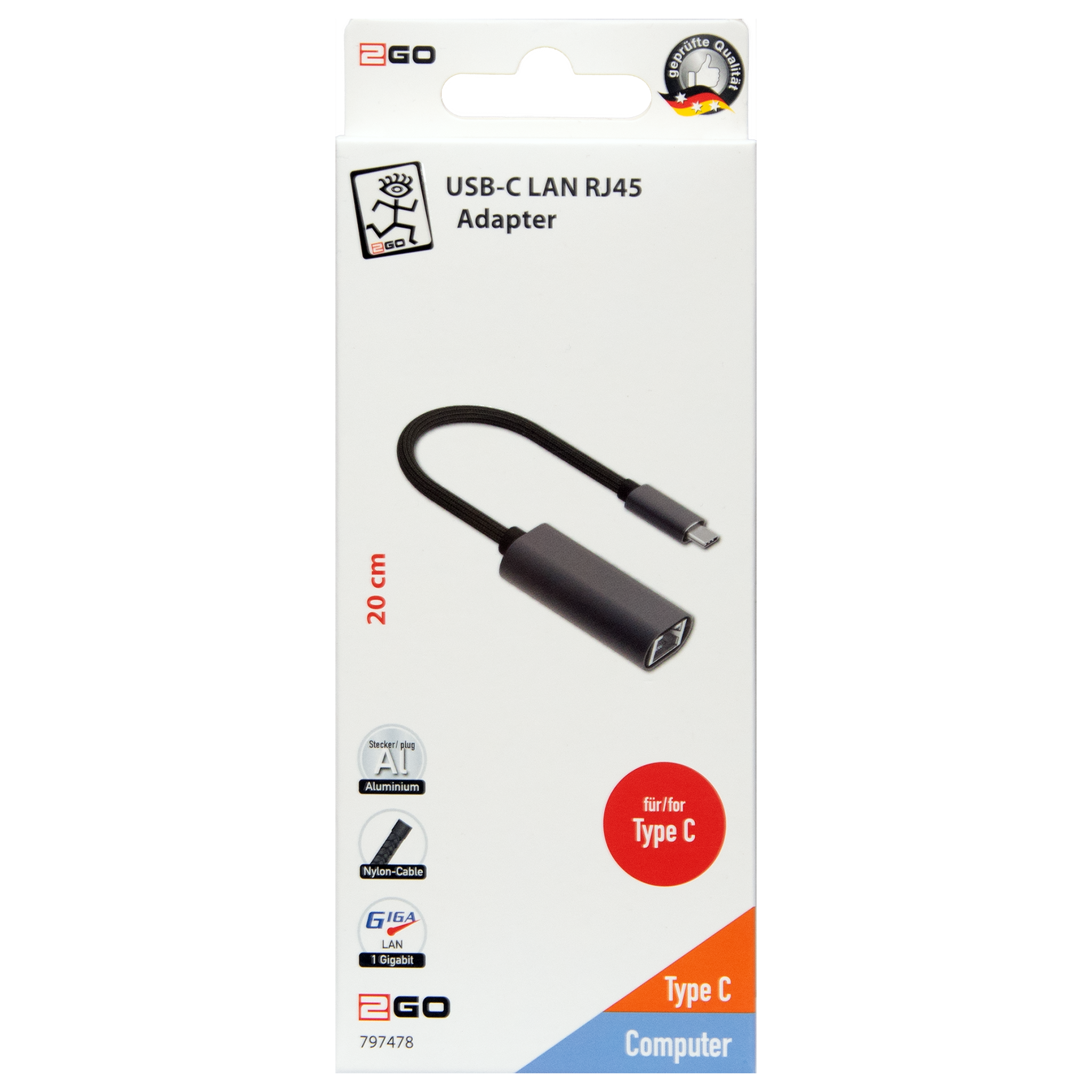 Adapter USB Type-C auf LAN RJ45 - Aluminium-Gehäuse - bis zu 1000 MBps Datenübertragung - schwarz / silber