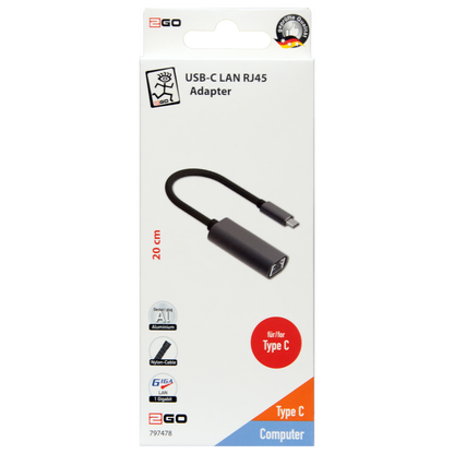 Adapter USB Type-C auf LAN RJ45 - Aluminium-Gehäuse - bis zu 1000 MBps Datenübertragung - schwarz / silber