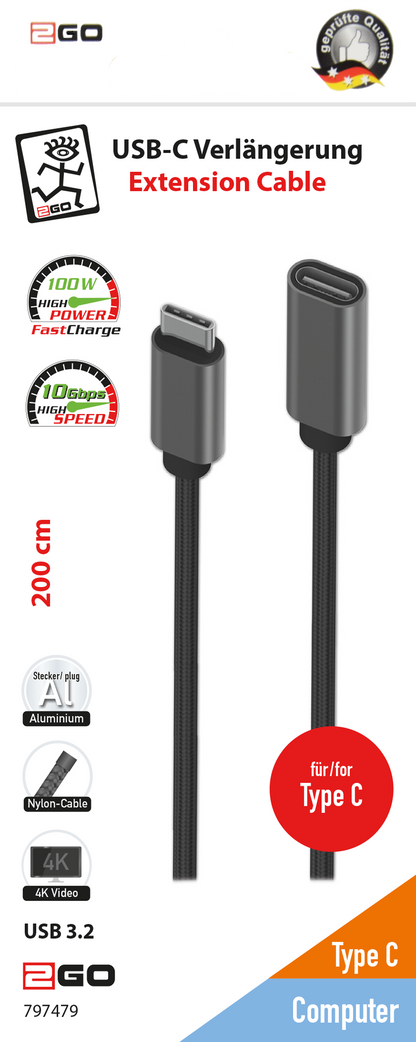 Verlängerung - USB Type-C Stecker <-> USB Type-C Buchse - 200 cm - grau