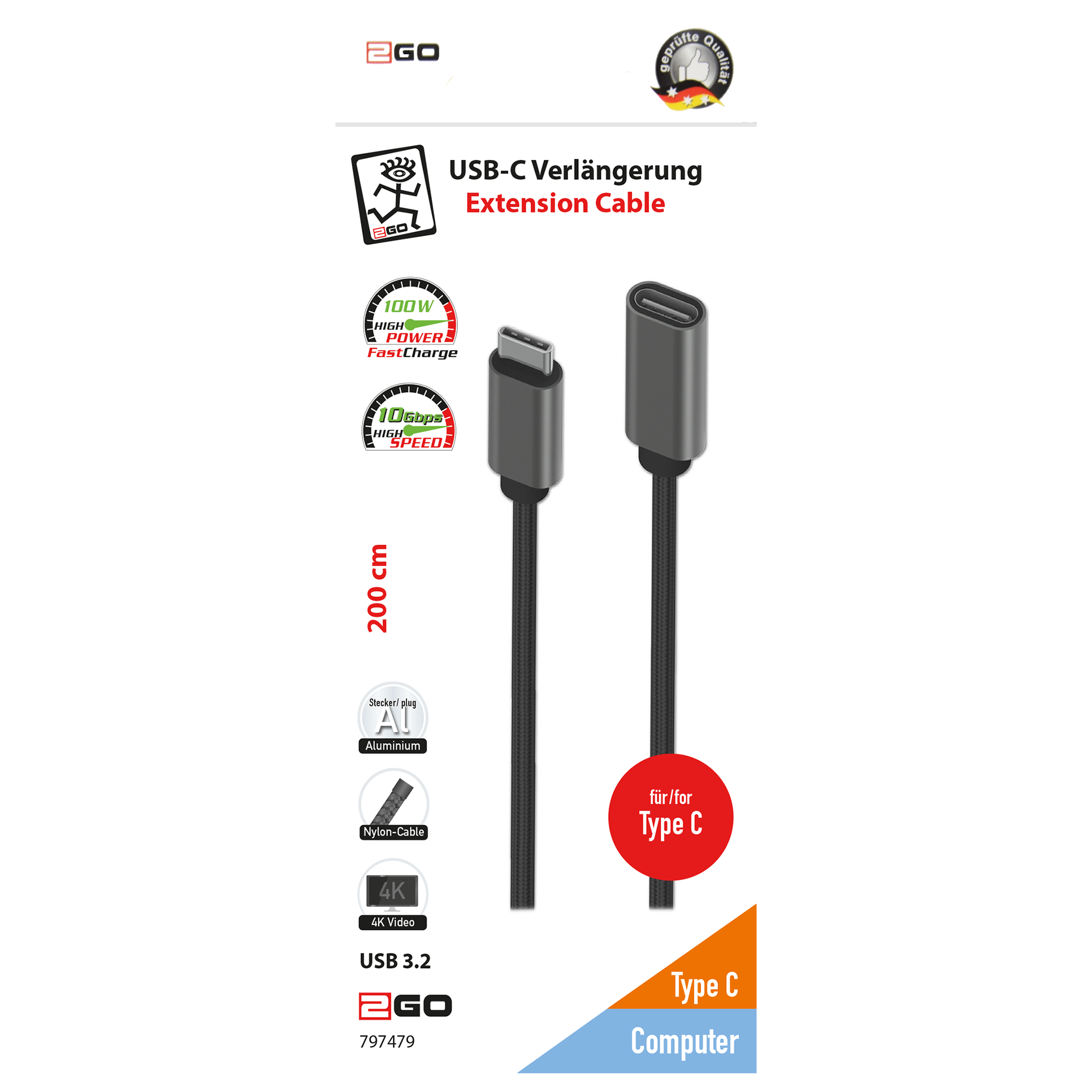 USB Type-C Verlängerung - USB Type-C Buchse auf USB Type-C Stecker - 200 cm - grau - Verpackung