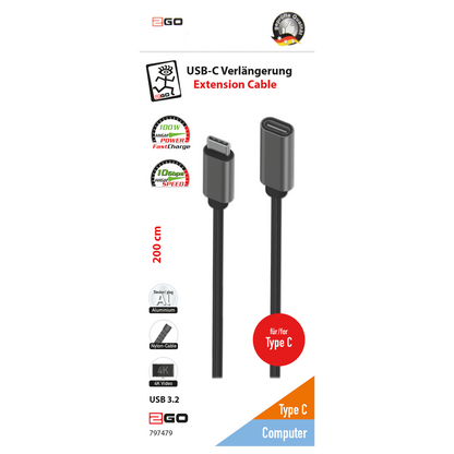 USB Type-C Verlängerung - USB Type-C Buchse auf USB Type-C Stecker - 200 cm - grau - Verpackung