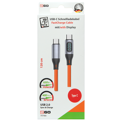 USB Datenkabel mit Display - USB Type-C auf USB Type-C - 120 cm -orange - Verpackung