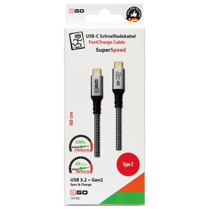 USB Datenkabel - USB Type-C auf USB Type-C - 60 cm - grau - Verpackung