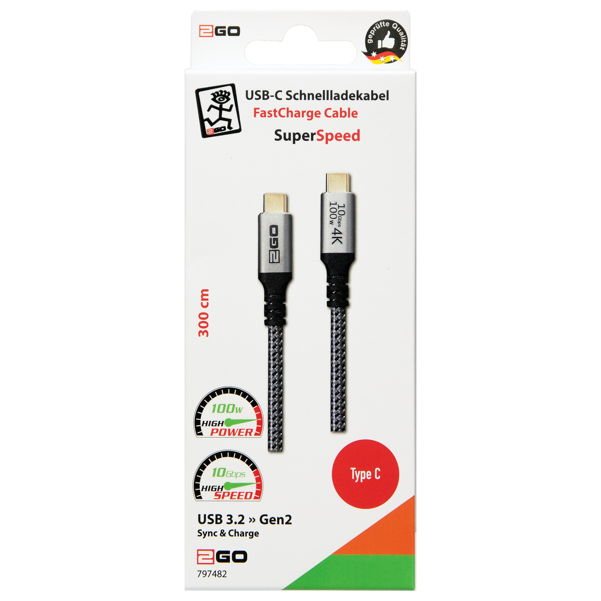 USB Datenkabel - USB Type-C auf USB Type-C - 300 cm - grau - Verpackung