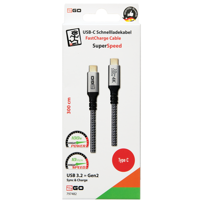 USB Datenkabel - USB Type-C auf USB Type-C - 300 cm - grau - Verpackung