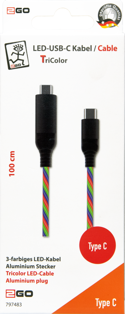 USB Datenkabel "Tricolor" - USB Type-C <-> USB Type-C - 100 cm - mit dreifarbiger LED-Beleuchtung