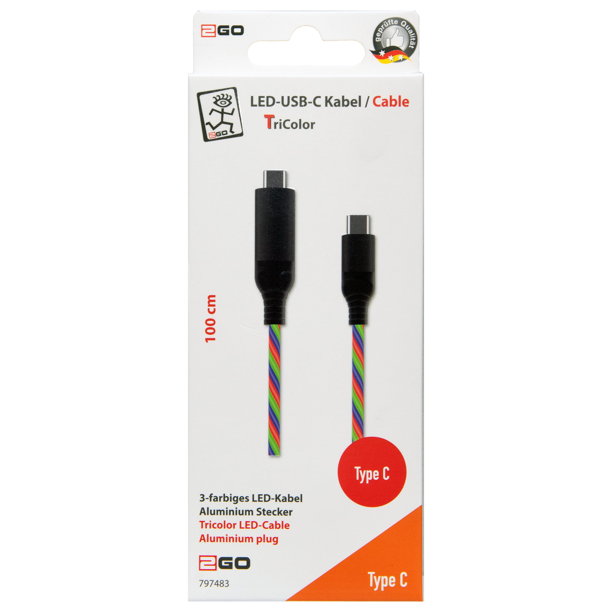 USB Datenkabel Tricolor - USB Type-C auf USB Type-C - 100 cm - RGB - Verpackung