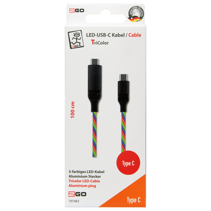 USB Datenkabel Tricolor - USB Type-C auf USB Type-C - 100 cm - RGB - Verpackung