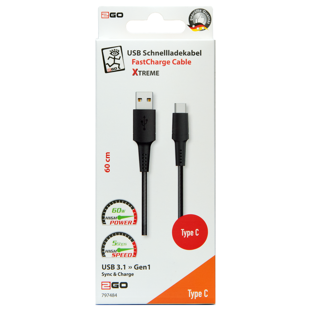 USB Datenkabel Xtreme - USB A auf USB Type-C - 60 cm - grau - Verpackung