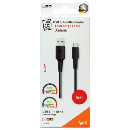 USB Datenkabel Xtreme - USB A auf USB Type-C - 60 cm - grau - Verpackung