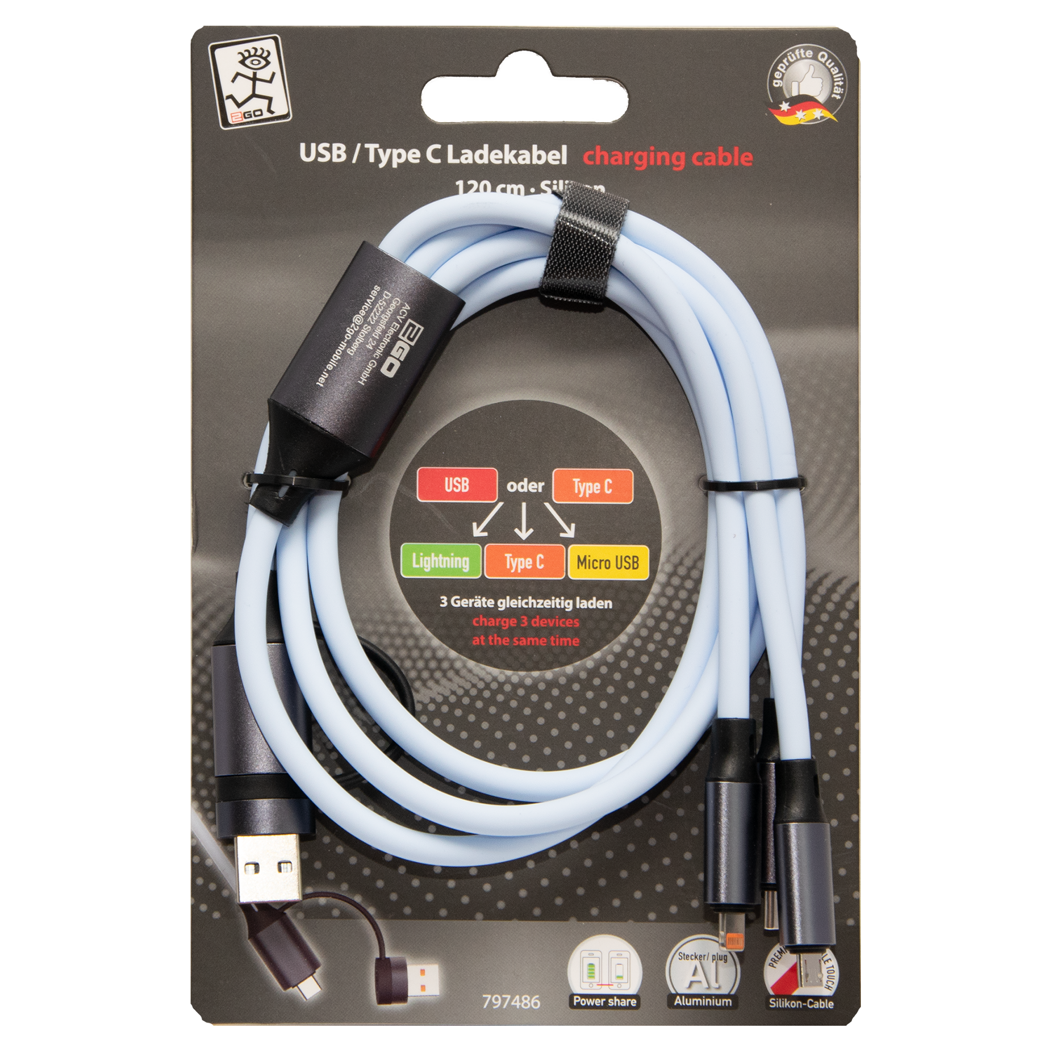 All in One USB Ladekabel - USB A / USB Type-C auf Micro-USB, Lightning & USB Type-C - 120 cm - blau - Verpackung