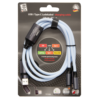 All in One USB Ladekabel - USB A / USB Type-C auf Micro-USB, Lightning & USB Type-C - 120 cm - blau - Verpackung