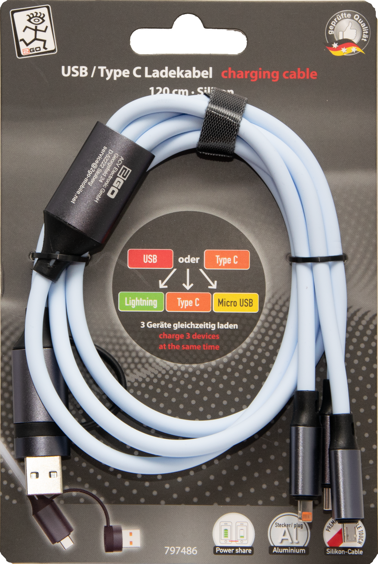 All in One USB Ladekabel - USB A / USB Type-C <-> Micro-USB / Apple 8-Pin (Lightning) / USB Type-C - 120 cm - hellblau