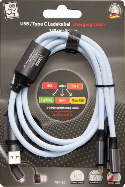 All in One USB Ladekabel - USB A / USB Type-C <-> Micro-USB / Apple 8-Pin (Lightning) / USB Type-C - 120 cm - hellblau