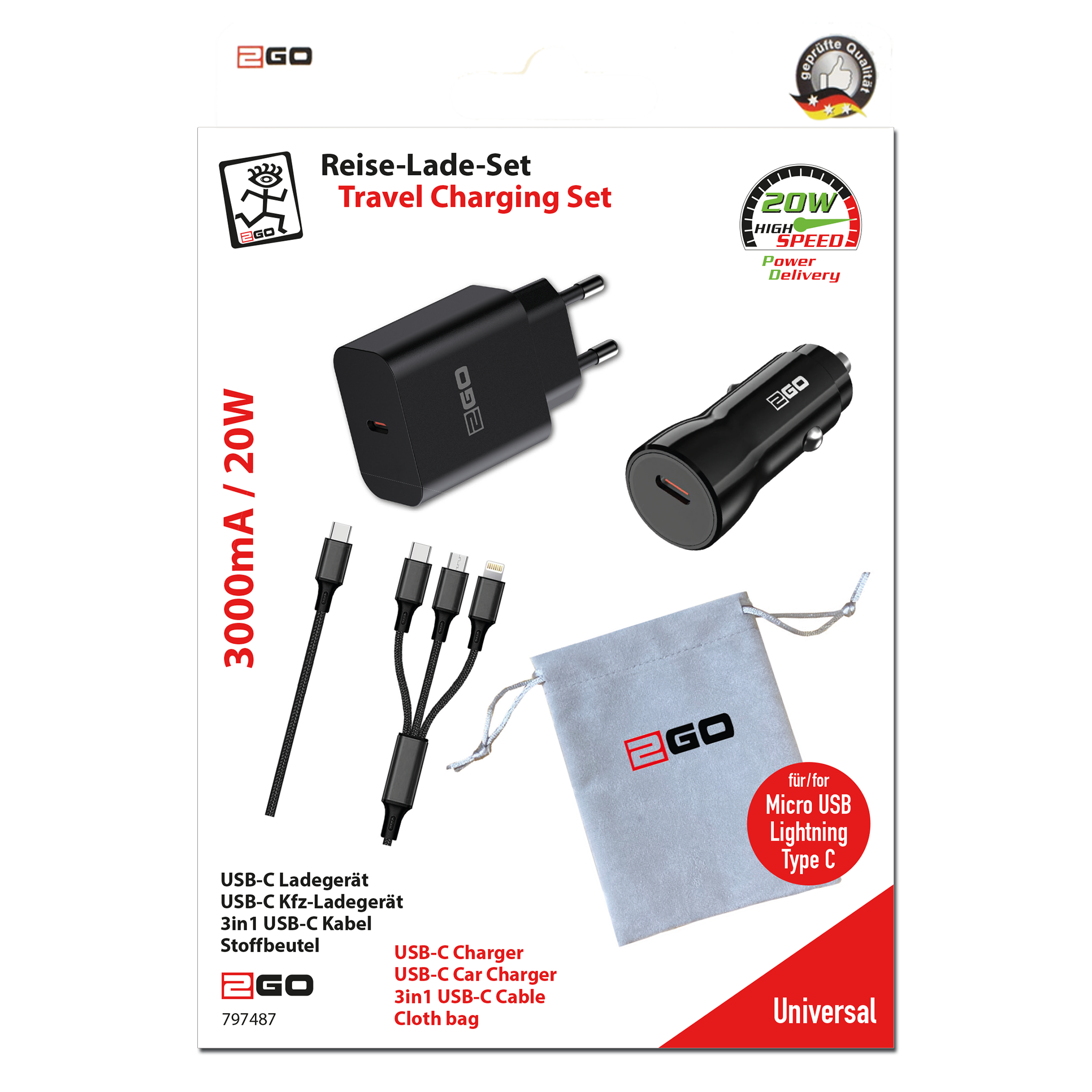 Universal Reise-Ladeset für USB Type-C Geräte - 12 V / 24 V & 100 V - 240 V Ladegerät - 3 in 1 Kabel - 3000 mA - 20 W