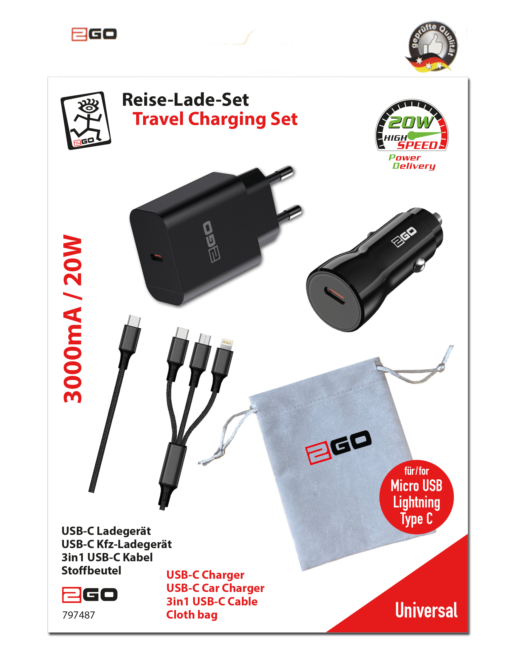 USB Reise-Ladeset - 12 V / 24 V und 100 V - 240 V - 3-in-1 Kabel - 3000 mA - 20 W - schwarz - Verpackung