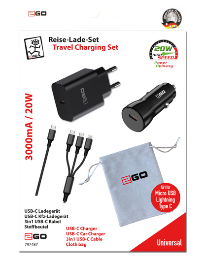 USB Reise-Ladeset - 12 V / 24 V und 100 V - 240 V - 3-in-1 Kabel - 3000 mA - 20 W - schwarz - Verpackung