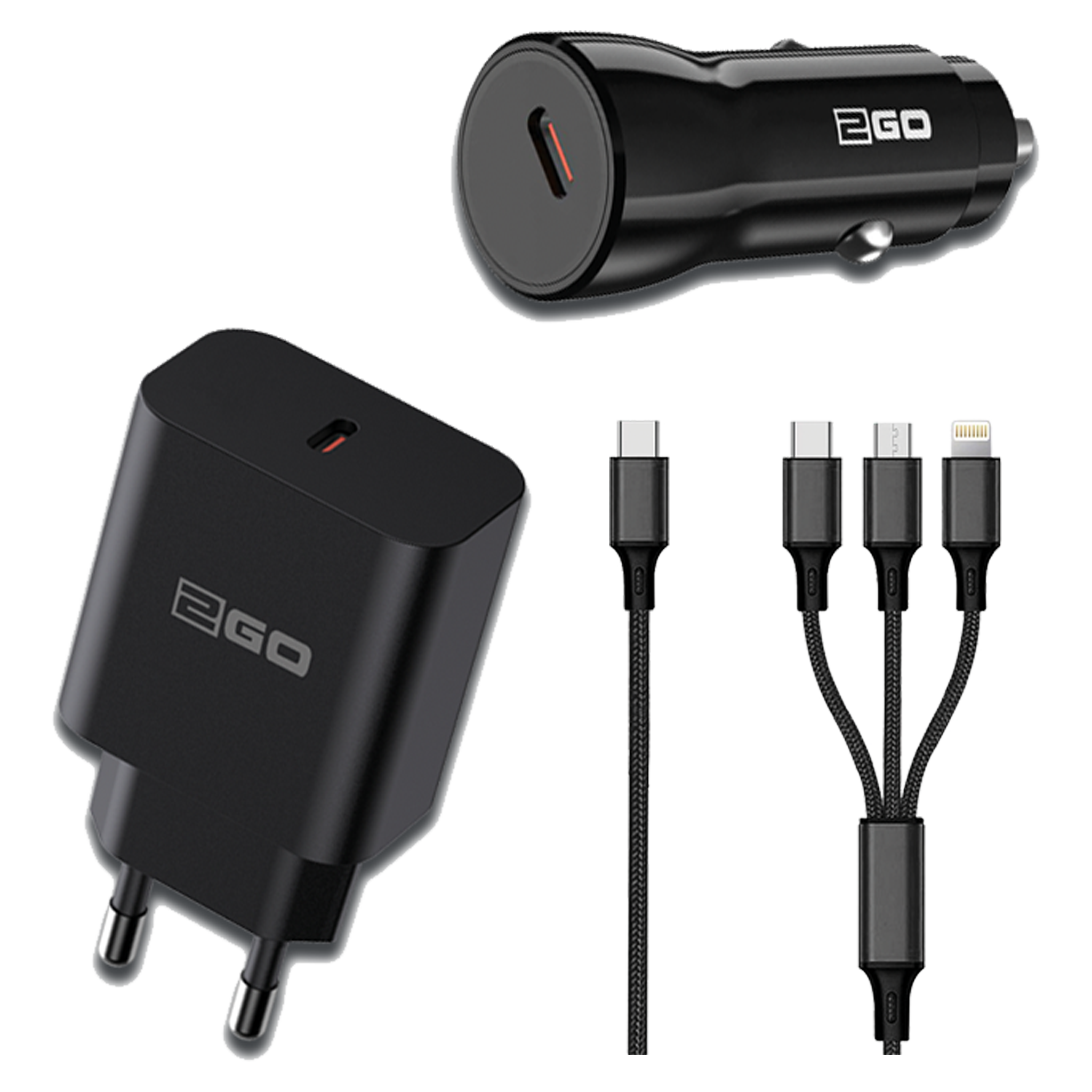 USB Reise-Ladeset - 12 V / 24 V und 100 V - 240 V - 3-in-1 Kabel - 3000 mA - 20 W - schwarz - Set